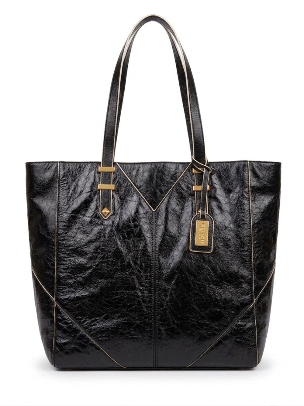 Badgley Mischka Black Patent Leather Tote Bag Gold Hardware Contrast Stitching